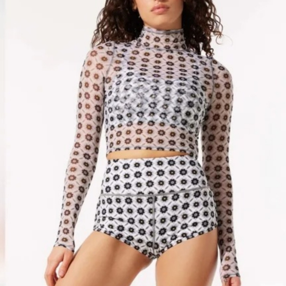 Savage x Fenty Floral Print Mesh Crop Top S Long Sleeve Sheer Mock Neck Festival